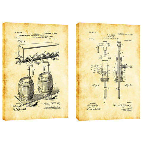 Image of "For The Love of Beer Diptych Vintage Patent Blueprint" Giclee Canvas Wall Art (Set of 2)
