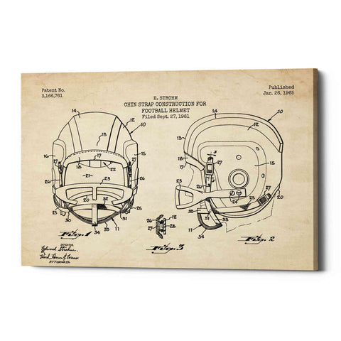 Image of 'Modern Football Helmet Blueprint Parchment Patent' Canvas Wall Art