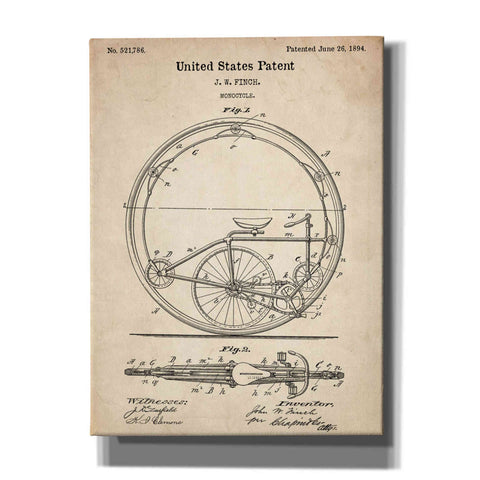 Image of 'Monocycle Vintage Patent' Canvas Wall Art