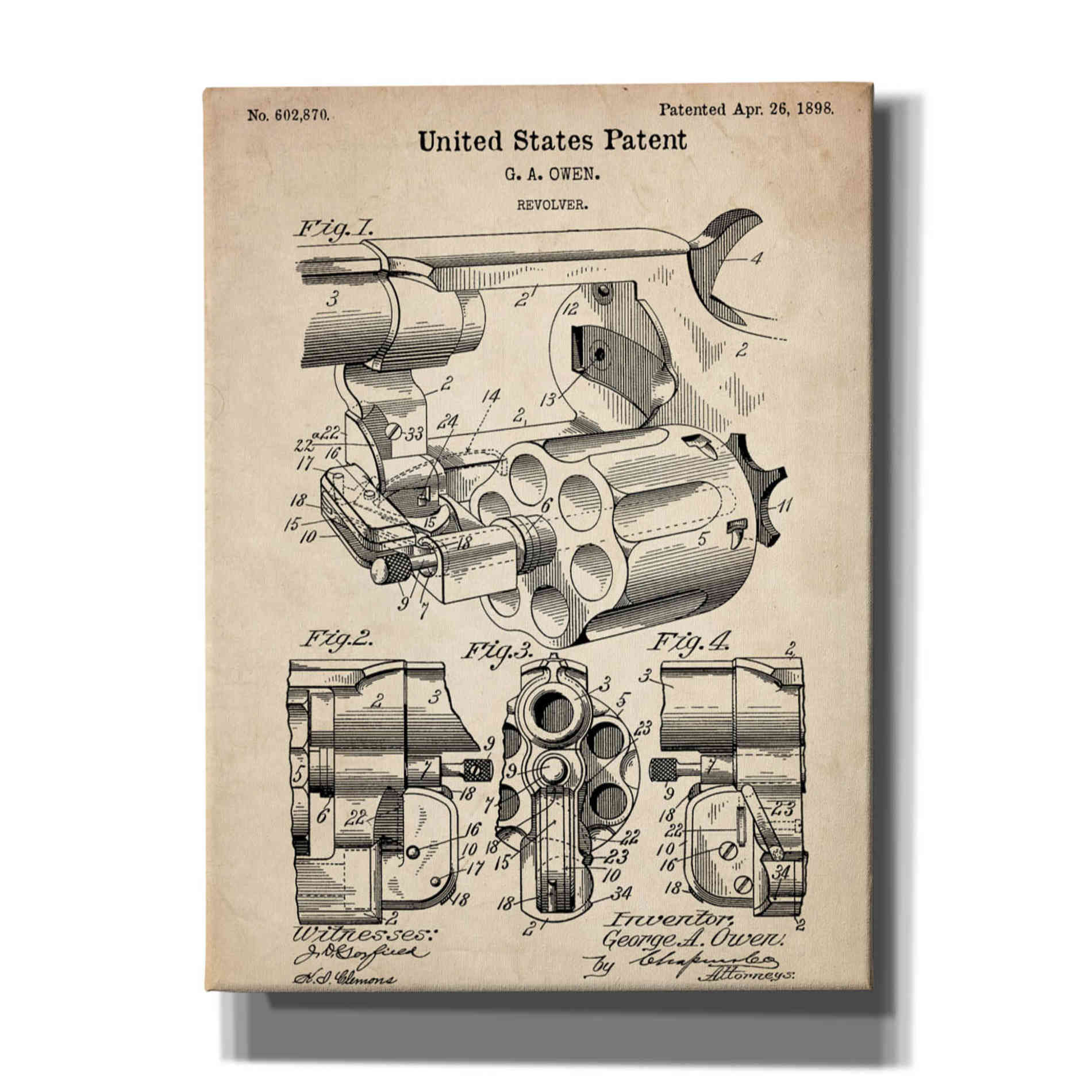 'Owen Revolver Vintage Patent' Canvas Wall Art