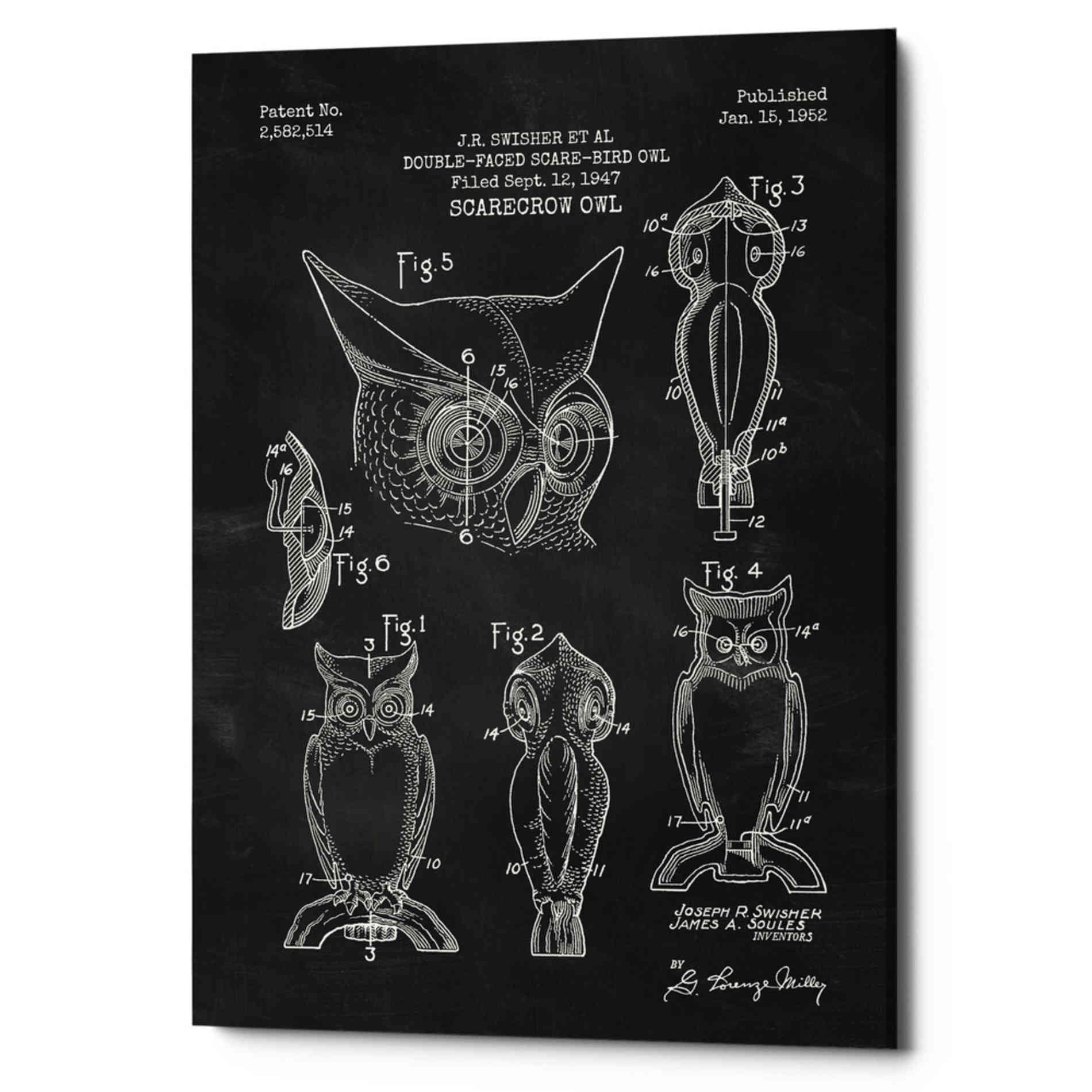 'Scarecrow Owl Blueprint Patent Chalkboard' Canvas Wall Art