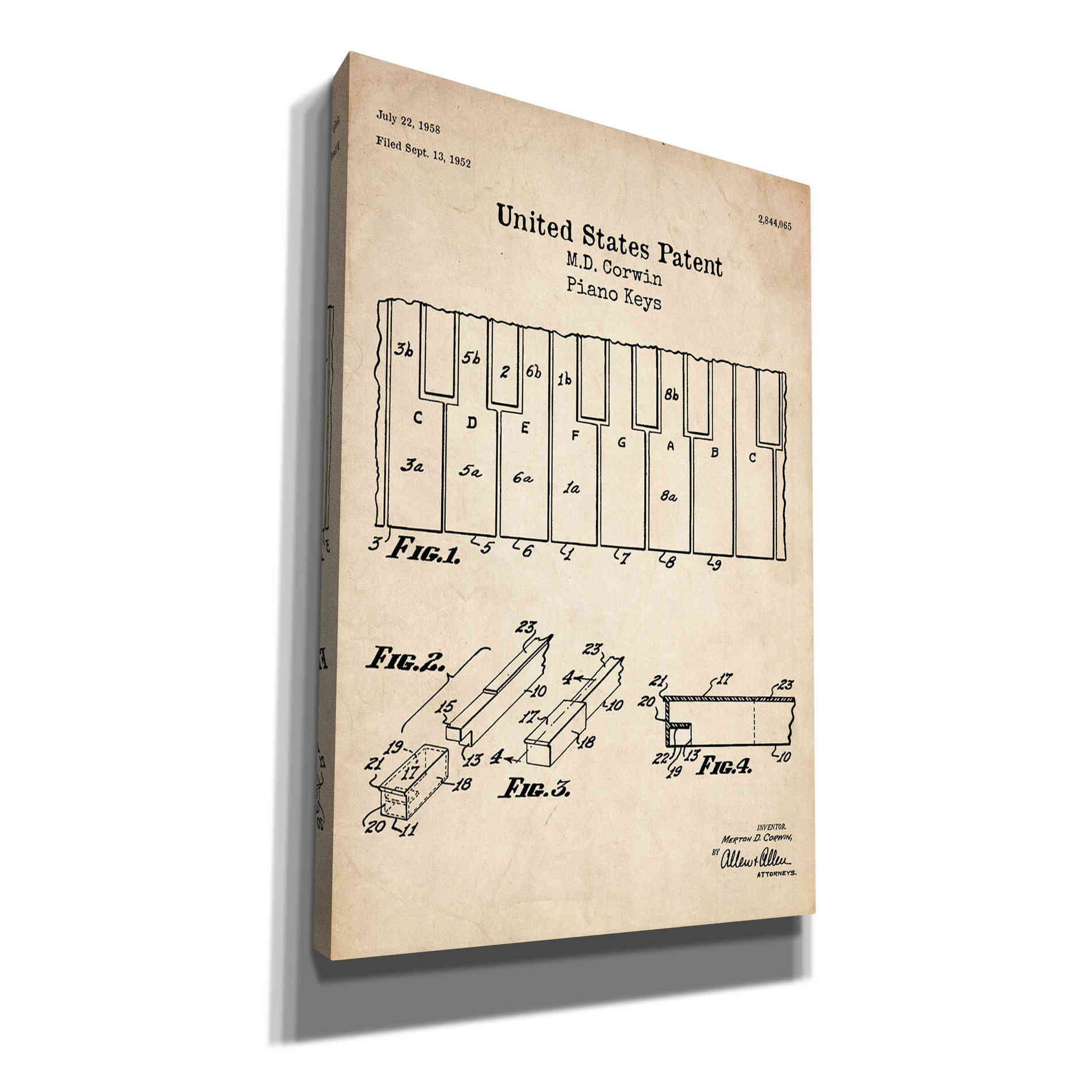 'Piano Keys Blueprint Patent Parchment' Canvas Wall Art