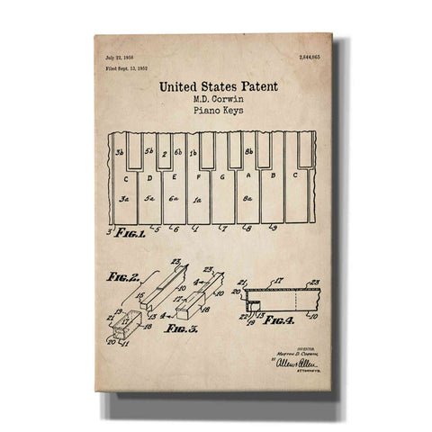 Image of 'Piano Keys Blueprint Patent Parchment' Canvas Wall Art