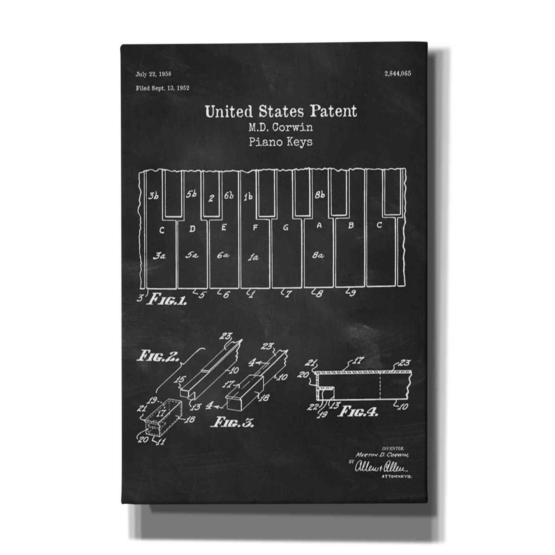 'Piano Keys Blueprint Patent Chalkboard' Canvas Wall Art