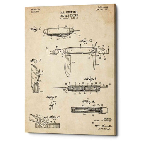Image of 'Pocket Knife Blueprint Patent Parchment' Canvas Wall Art