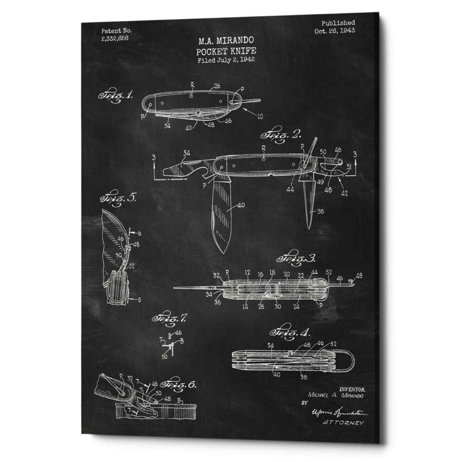 'Pocket Knife Blueprint Patent Chalkboard' Canvas Wall Art