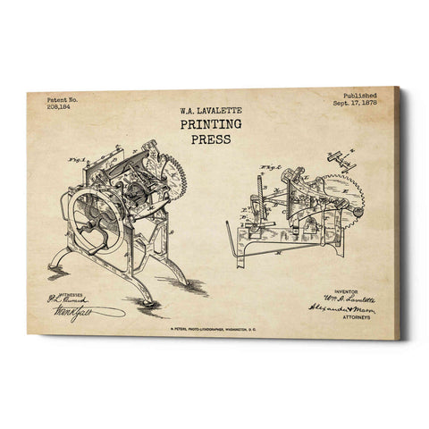 Image of 'Printing Press Blueprint Patent Parchment' Canvas Wall Art