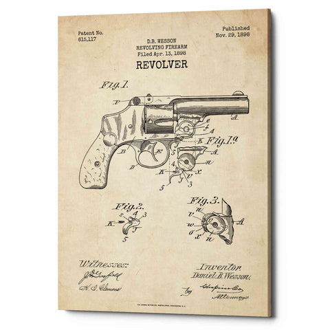Image of 'Revolver Blueprint Patent Parchment' Canvas Wall Art