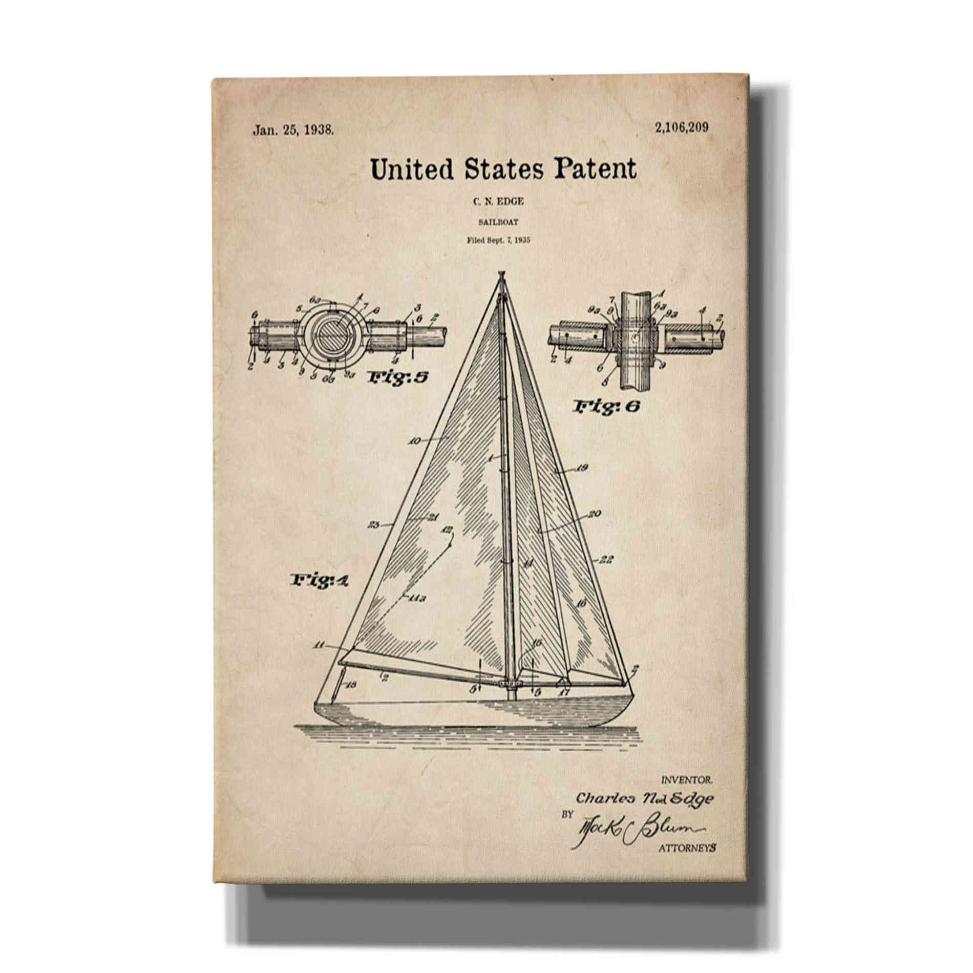 'Sailboat Blueprint Patent Parchment' Canvas Wall Art