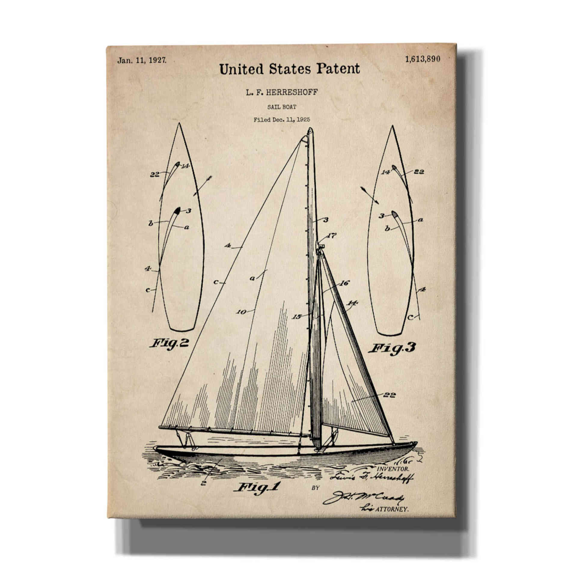 'Sailboat Vintage Patent Blueprint' Canvas Wall Art