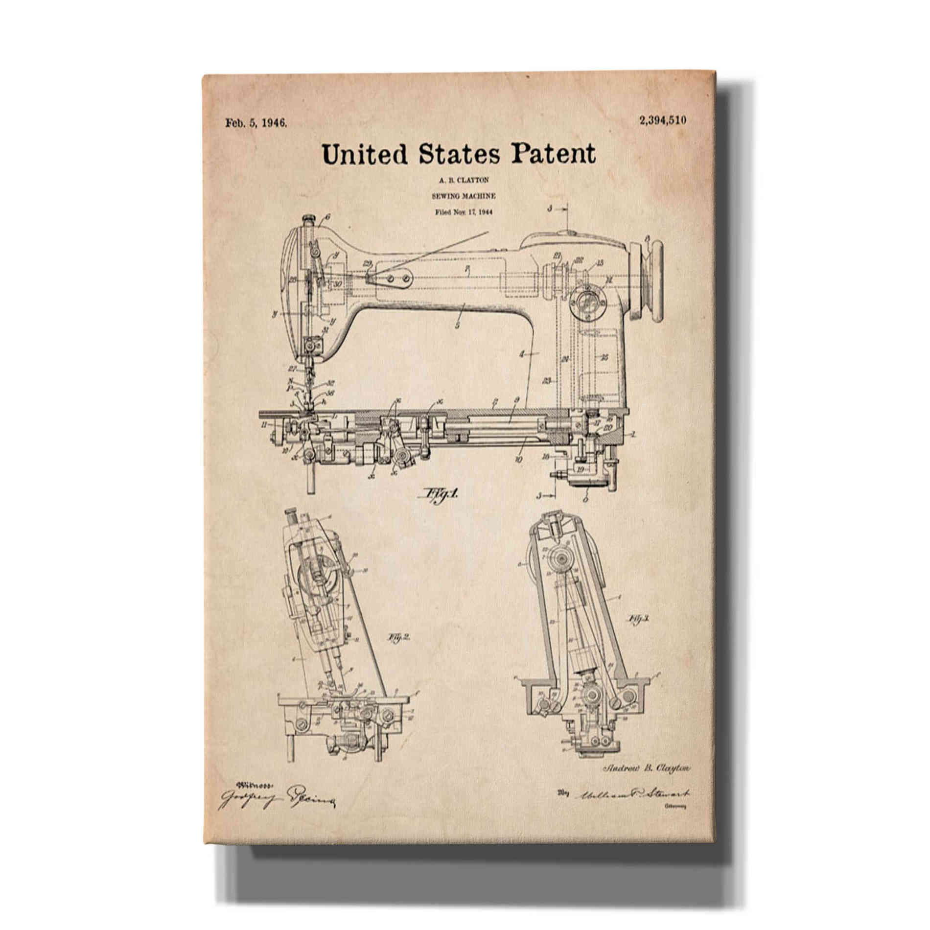 'Sewing Machine Blueprint Patent Parchment' Canvas Wall Art