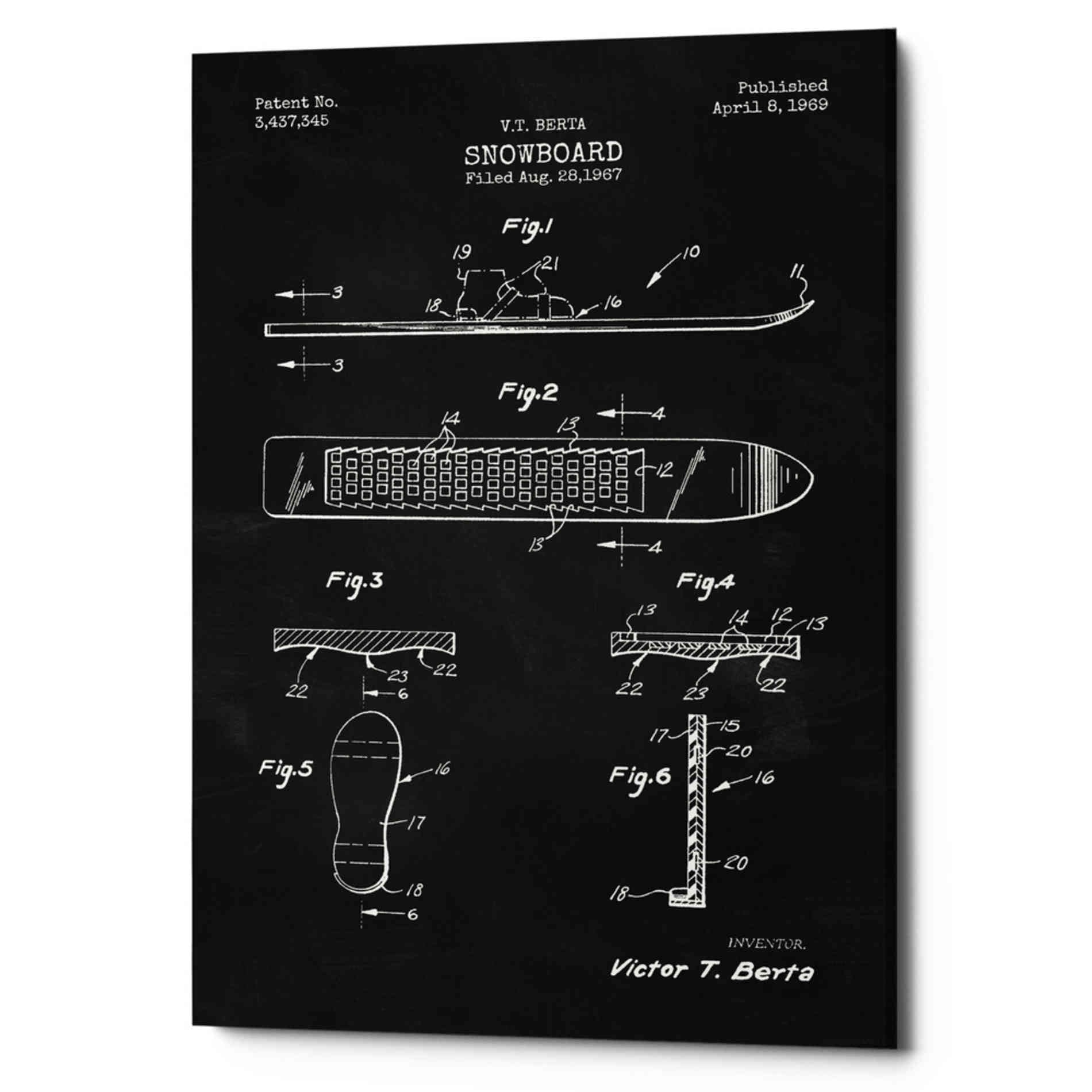 'Snowboard, 1969 Blueprint Chalkboard Patent' Canvas Wall Art,
