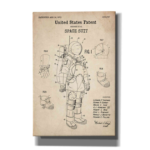 Image of 'Space Suit Blueprint Patent Parchment' Canvas Wall Art