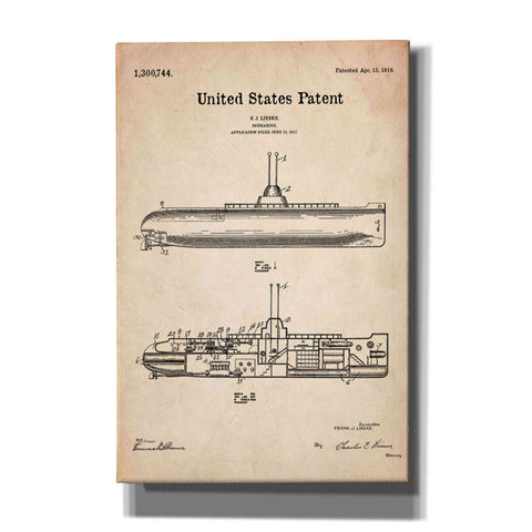 Image of 'Submarine Blueprint Patent Parchment' Canvas Wall Art