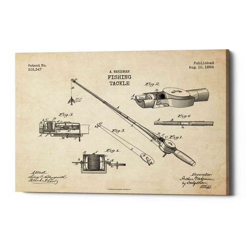 Image of 'Fishing Tackle Blueprint Patent Parchment' Canvas Wall Art