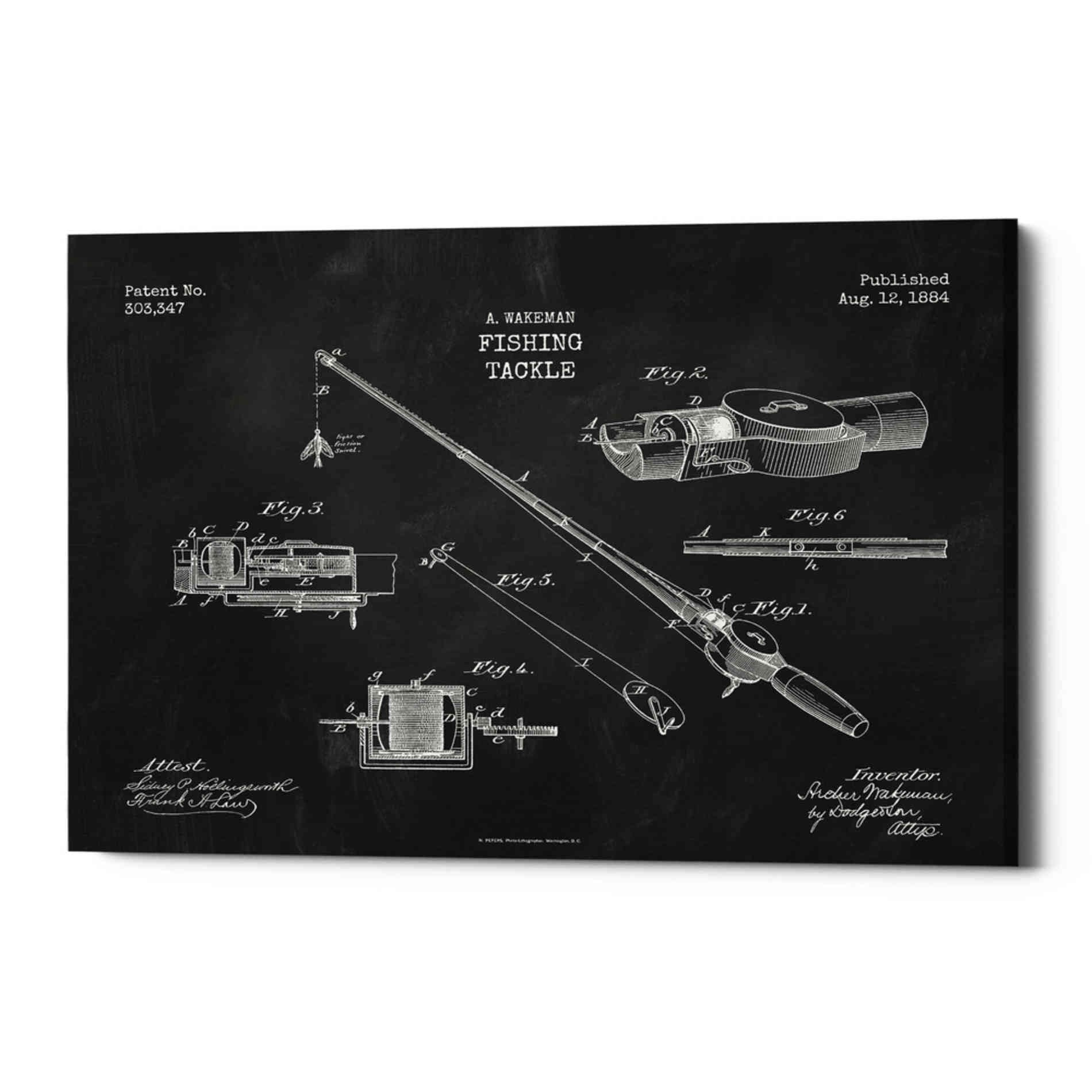 'Fishing Tackle Blueprint Patent Chalkboard' Canvas Wall Art