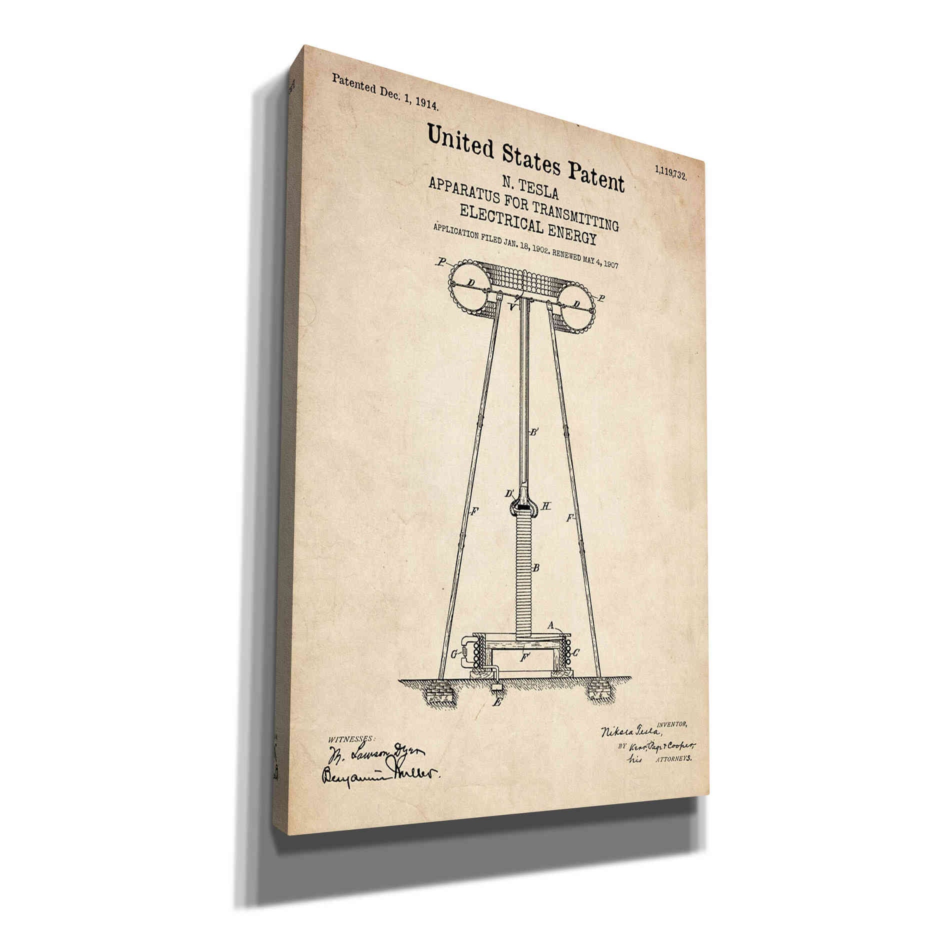 'Tesla Apparatus for Transmitting Electrical Energy Blueprint Patent Parchment' Canvas Wall Art