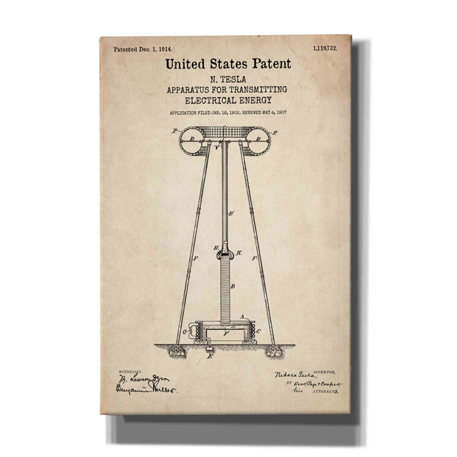 'Tesla Apparatus for Transmitting Electrical Energy Blueprint Patent Parchment' Canvas Wall Art