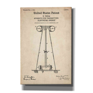 'Tesla Apparatus for Transmitting Electrical Energy Blueprint Patent Parchment' Canvas Wall Art