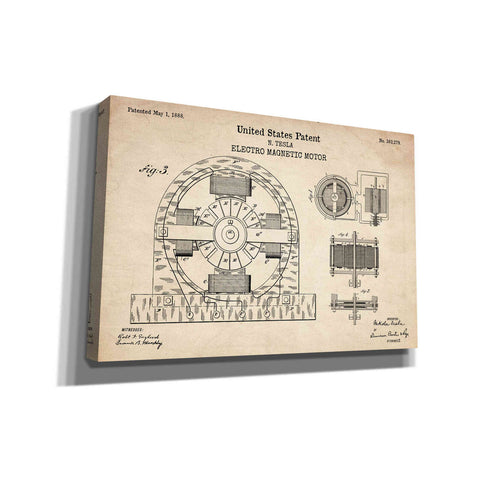 Image of 'Tesla Electro Magnetic Motor Blueprint Patent Parchment' Canvas Wall Art