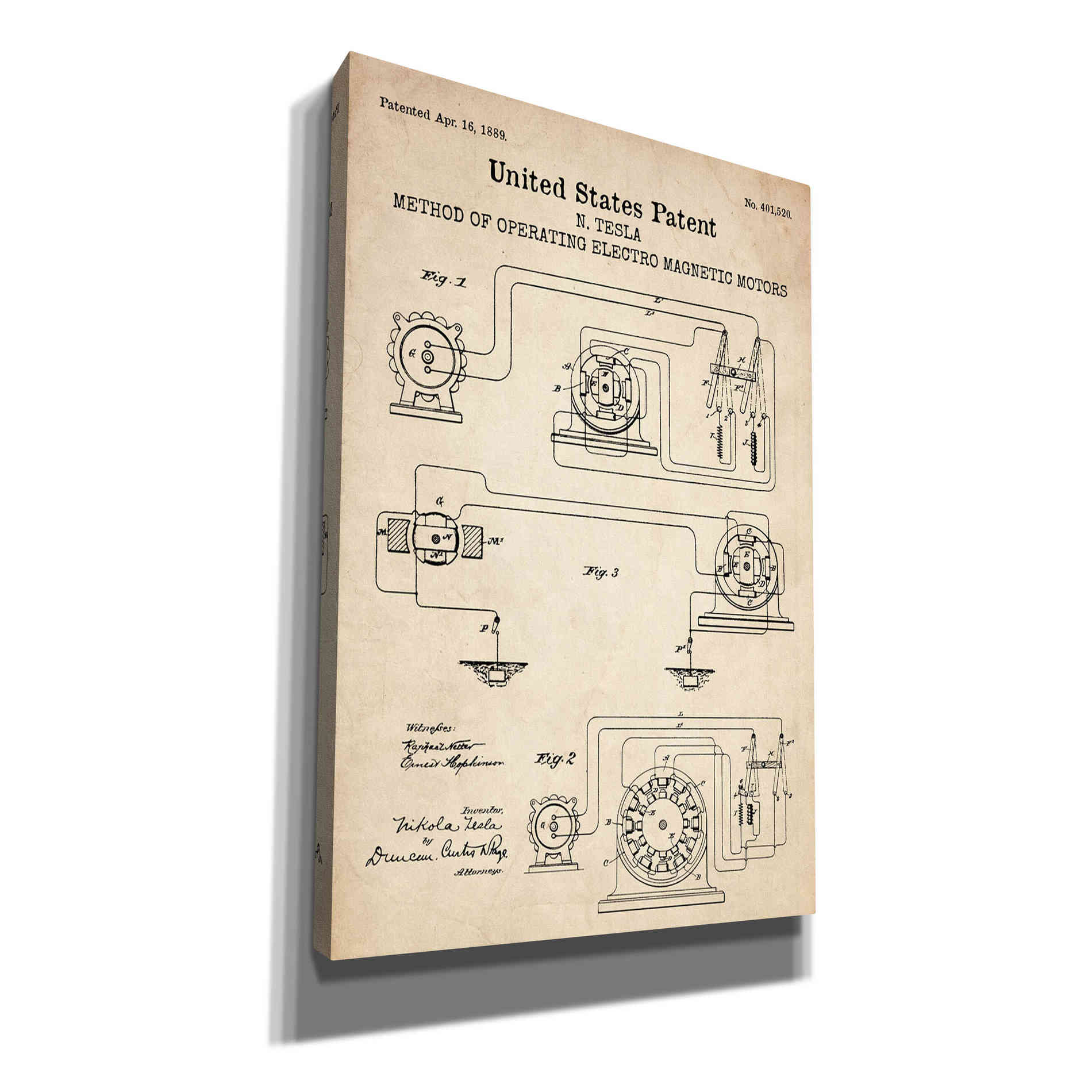 'Operating Tesla Motor Blueprint Patent Parchment' Canvas Wall Art