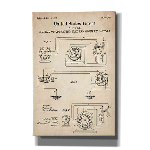 Image of 'Operating Tesla Motor Blueprint Patent Parchment' Canvas Wall Art