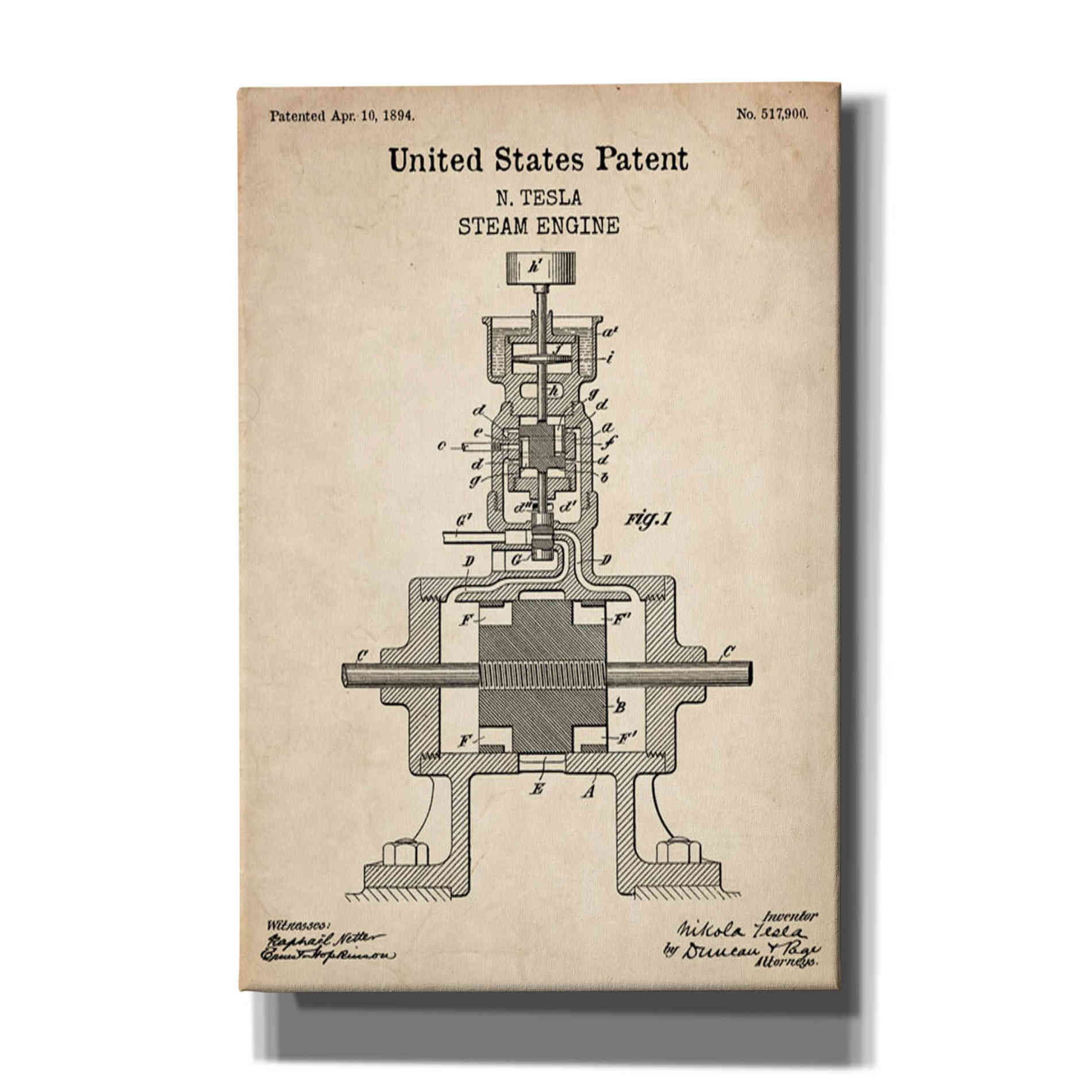 'Tesla Steam Engine Blueprint Patent Parchment' Canvas Wall Art