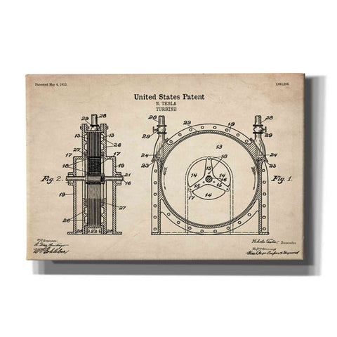 Image of 'Tesla Turbine Blueprint Patent Parchment' Canvas Wall Art