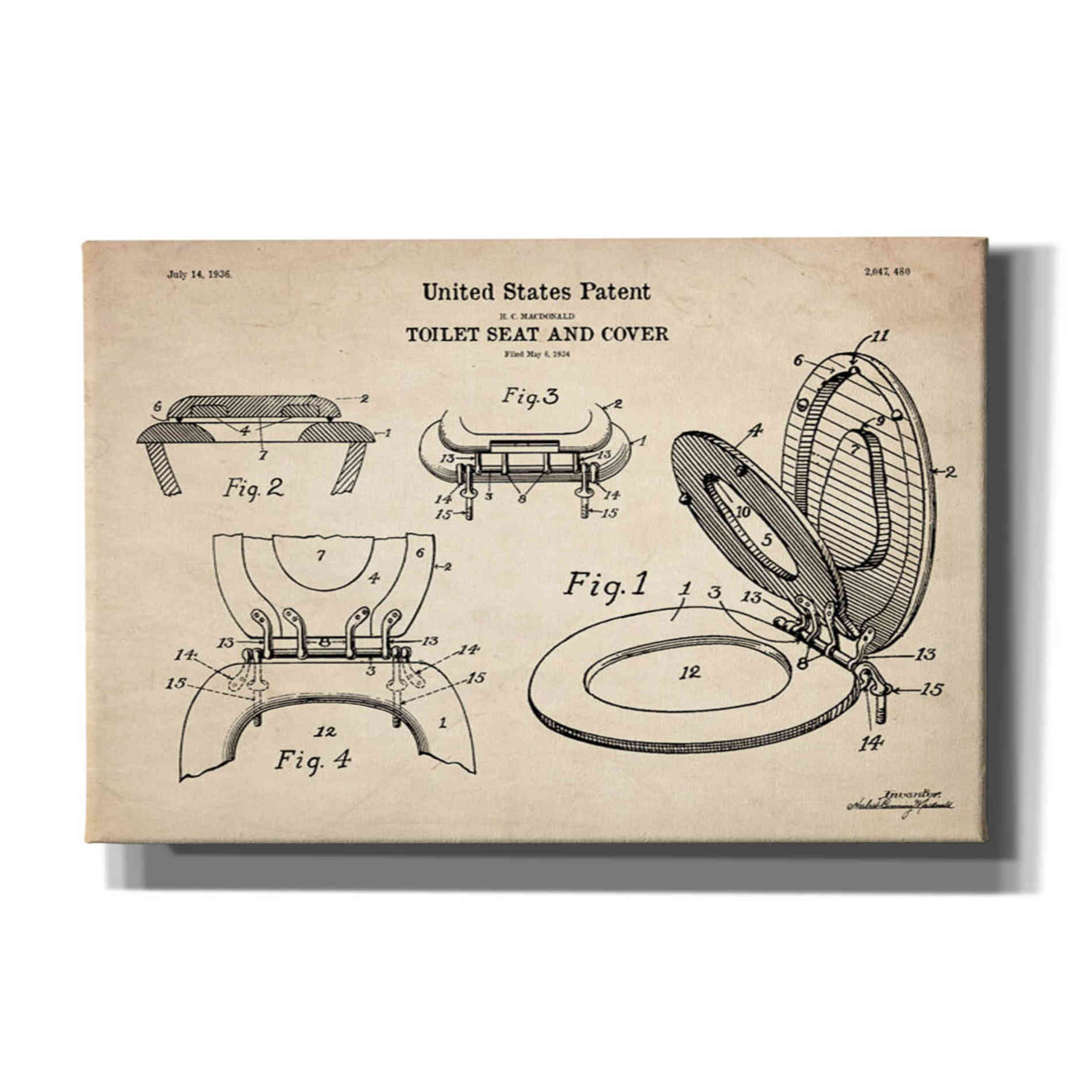 'Toilet Seat Cover Blueprint Patent Parchment' Canvas Wall Art