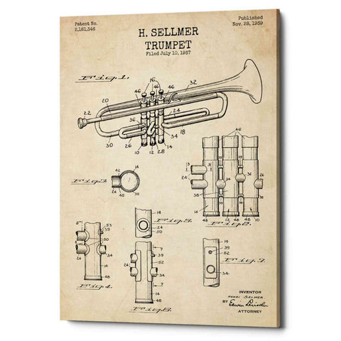 Image of 'Trumpet Blueprint Patent Parchment' Canvas Wall Art