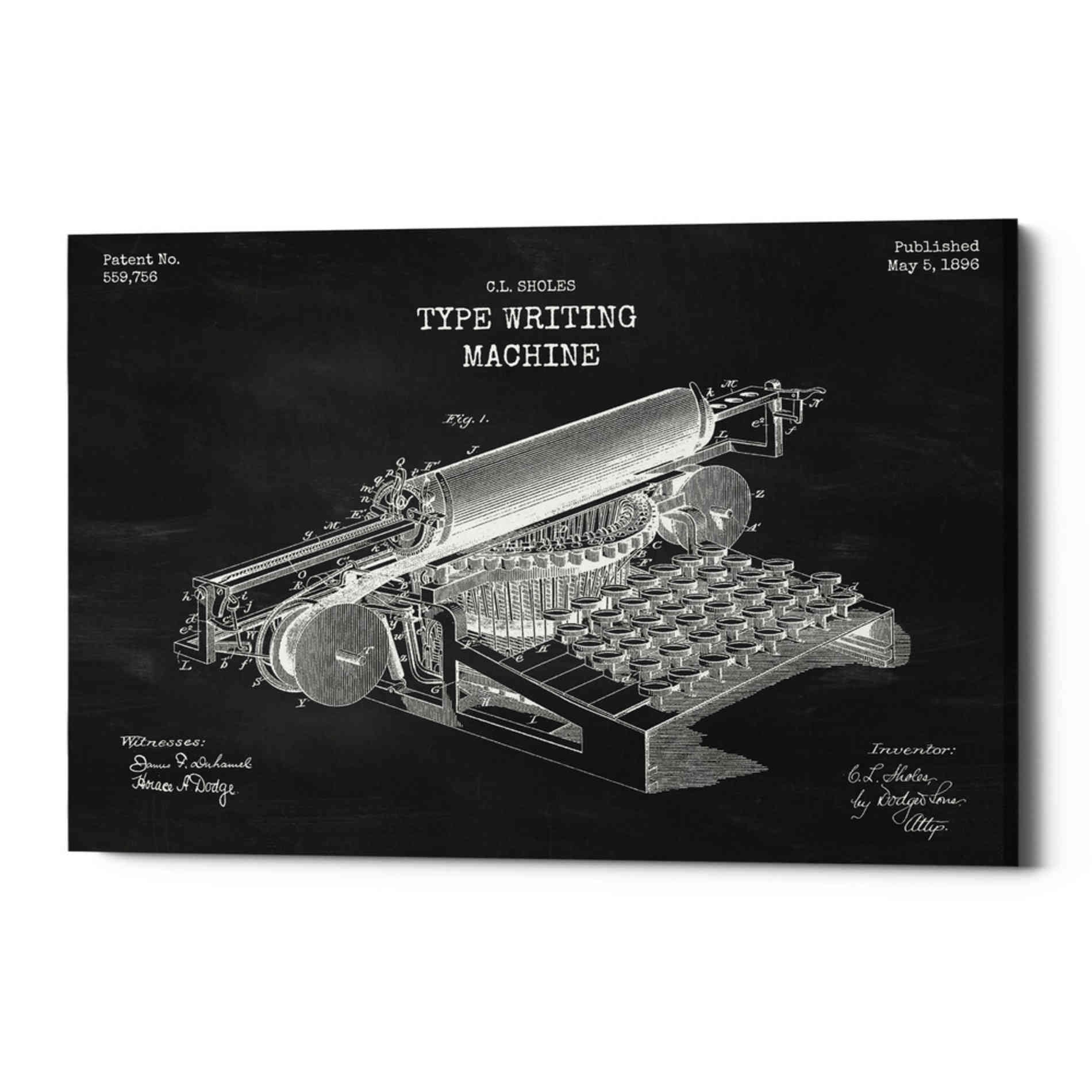 'Type Writing Machine Blueprint Patent Chalkboard' Canvas Wall Art