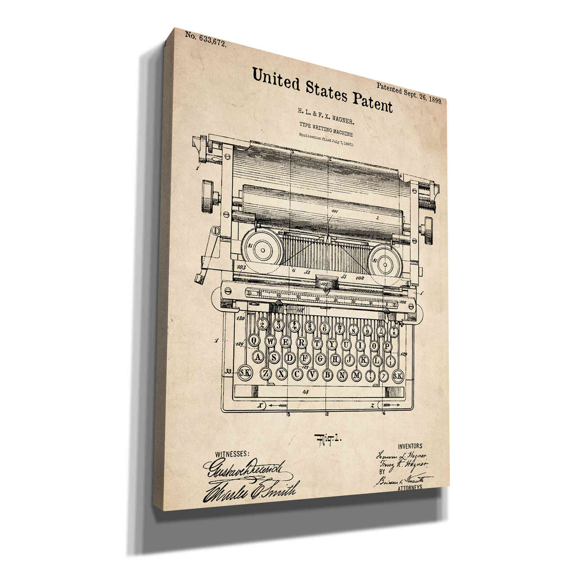 'Typewriter Vintage Patent Blueprint' Canvas Wall Art