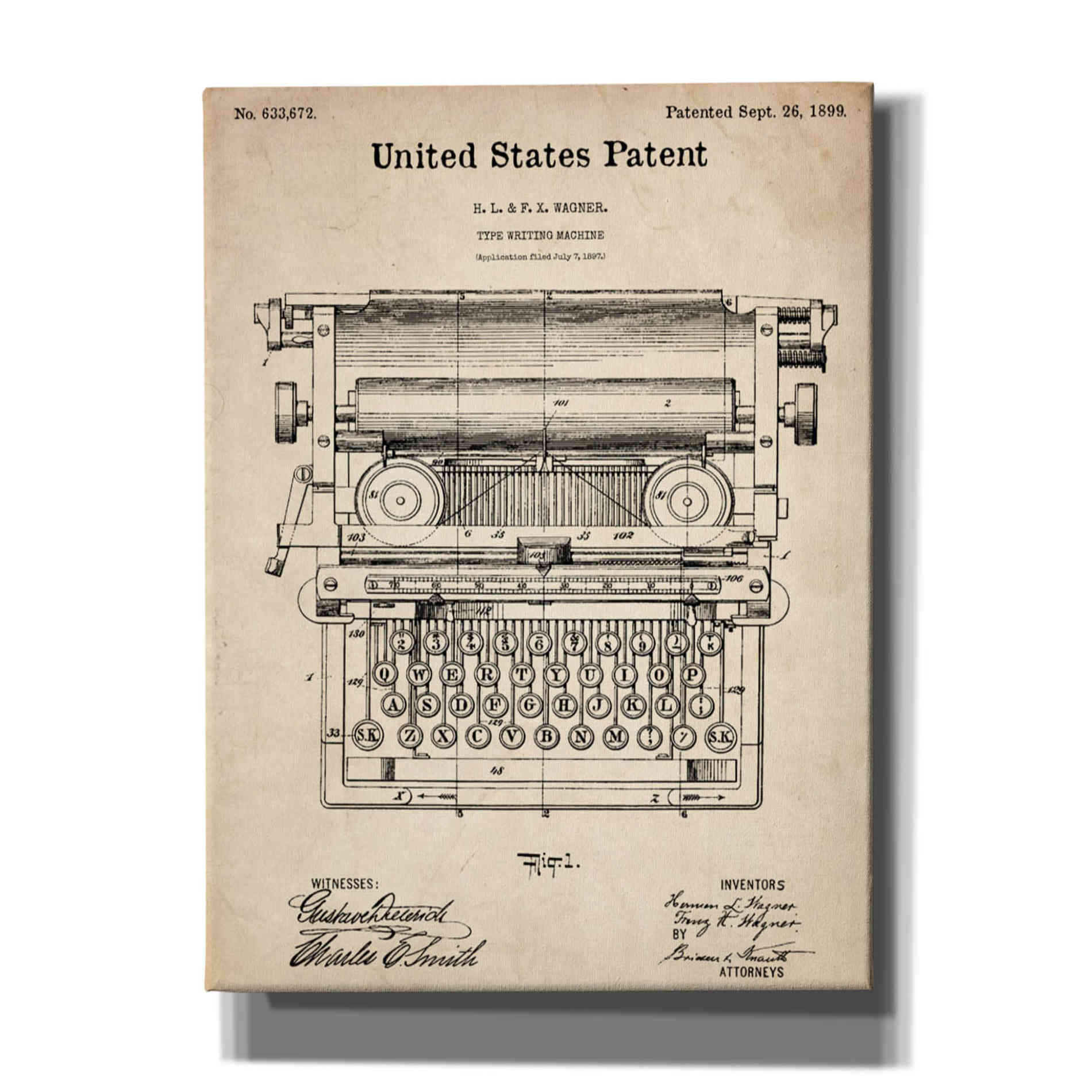 'Typewriter Vintage Patent Blueprint' Canvas Wall Art