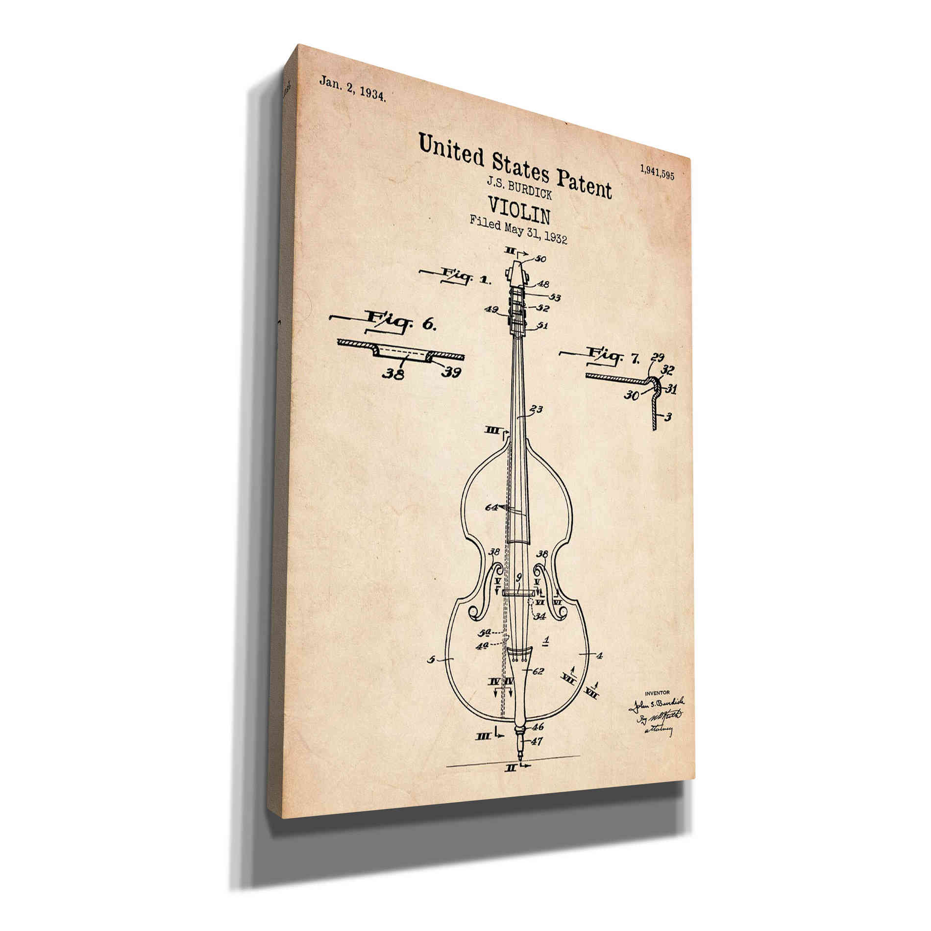 'Violin Blueprint Patent Parchment' Canvas Wall Art