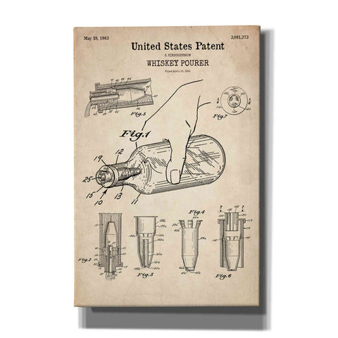 Image of 'Whiskey Pourer Blueprint Patent Parchment' Canvas Wall Art