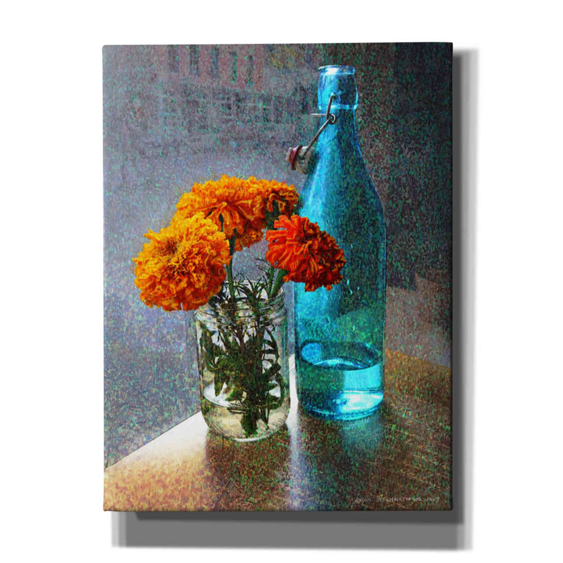 'Aqua Bottle Marigolds Cafe' by Chris Vest, Giclee Canvas Wall Art