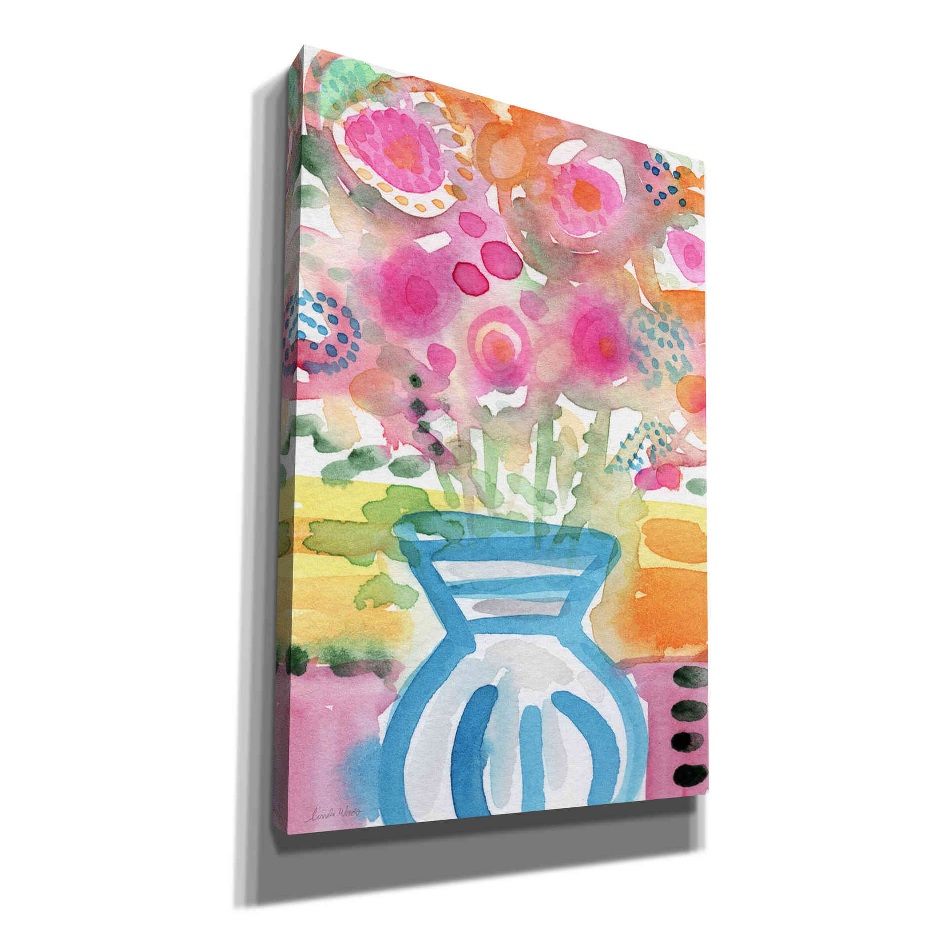'Blue Vase Of Flowers' by Linda Woods, Canvas Wall Art